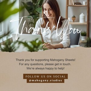 Smiling real estate agent at a laptop with a handwritten Thank You overlay, Mahogany Sheets watermark, plants in foreground.