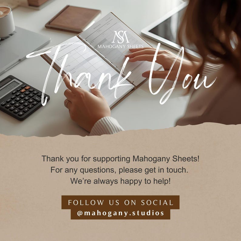 Thank-you card from Mahogany Sheets on desk; 'Thank You' overlay; Debt Payoff Calculator Excel Dark Mode promo.