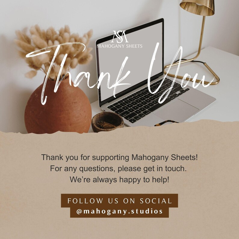 Thank You page on a cozy desk: laptop with Mahogany Sheets branding, dried pampas, and a beige card; budget spreadsheet visuals for Google Sheets.