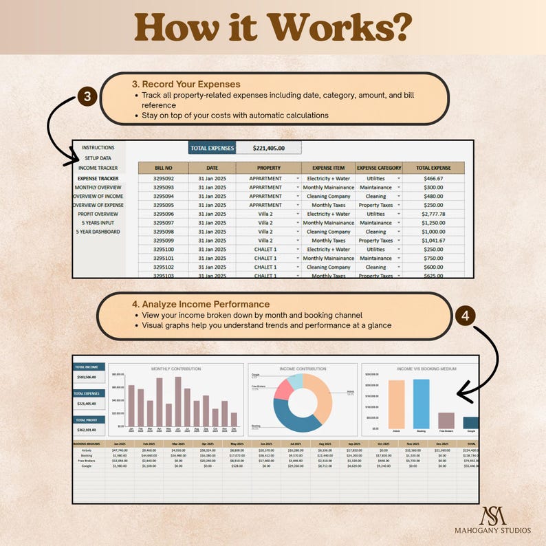 Airbnb Income and Expense Tracker Excel Light Mode Rental Property Spreadsheet Profit Loss Bookkeeping Property Management Planner