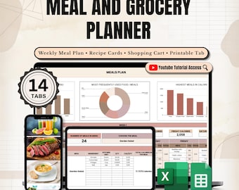 Excel Meal Planner Google Sheets Family Meal Planner Spreadsheet Digital Meal Plan Shopping List Healthy Eating Nutrition Tracker Log