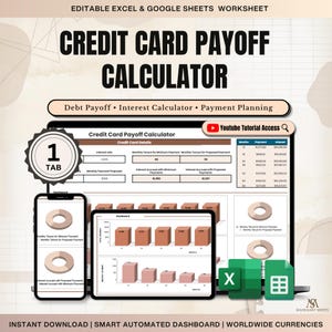 Credit Card Payoff Calculator Google Sheets Excel, Credit Card Debt Tracker Spreadsheet, Monthly Payoff Chart Tracker Utilization Log