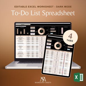 May include: A laptop and tablet display a dark mode Excel to-do list spreadsheet. The spreadsheet includes charts, tables, and the text "To-Do List Spreadsheet." A circular graphic with the number "4" and the word "TABS" is on the tablet.