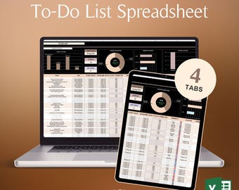 May include: A laptop and tablet display a dark mode Excel to-do list spreadsheet. The spreadsheet includes charts, tables, and the text "To-Do List Spreadsheet." A circular graphic with the number "4" and the word "TABS" is on the tablet.