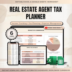 Agent Tax Planner Google Sheets Excel, Realtor Bookkeeping Expense Log, Real Estate Agent Income Tracker Profit and Loss Budget Sheet
