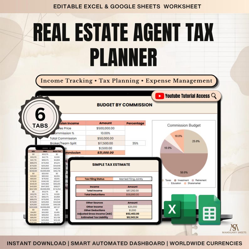 Agent Tax Planner Google Sheets Excel, Realtor Bookkeeping Expense Log, Real Estate Agent Income Tracker Profit and Loss Budget Sheet