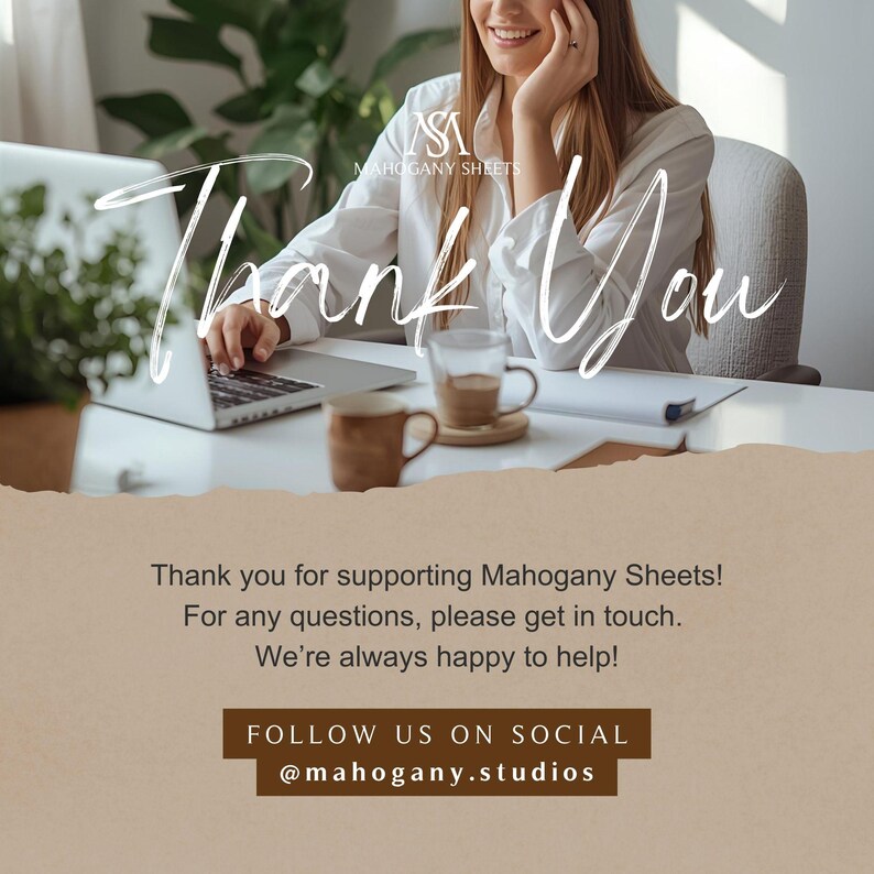 Thank you card overlay on a bright workspace with laptop, plant, and two coffee cups; inventory tracker Excel template.