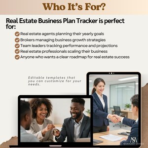 Real estate agent tax planner and realtor tax tracker for Excel/Google Sheets; two laptops show a team, highlighting commission tracker and deductions.