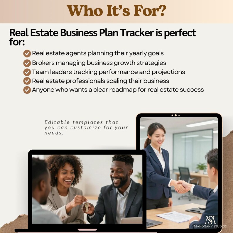 Real estate agent tax planner and realtor tax tracker for Excel/Google Sheets; two laptops show a team, highlighting commission tracker and deductions.