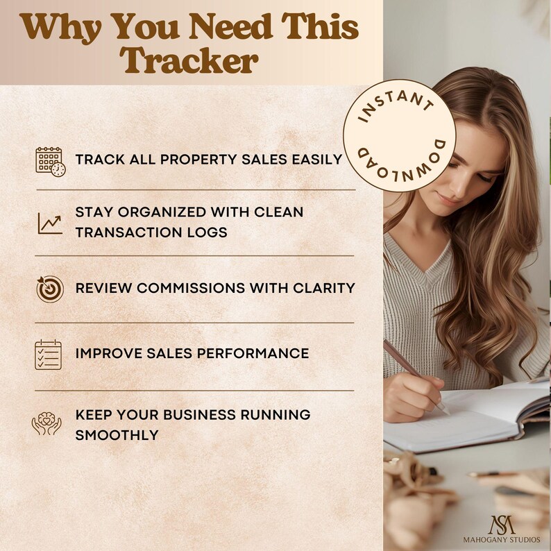 Landlord rental property tracker promo: beige rental tracker panel with icons and a woman writing, Instant Download stamp.