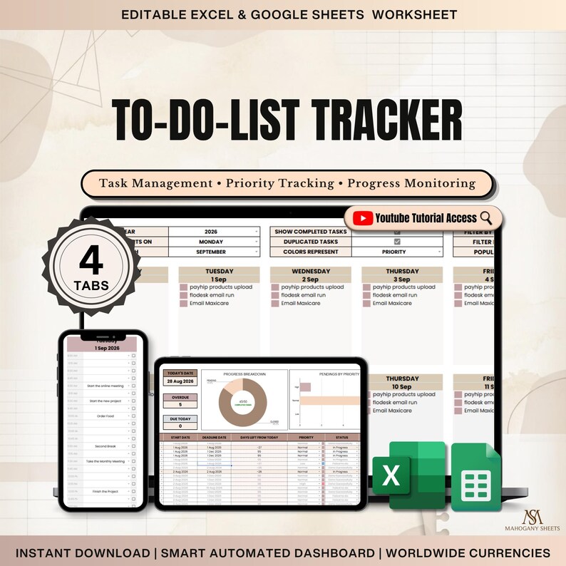 Task Tracker Spreadsheet for Excel & Google Sheets Productivity Dashboard Task Manager Workflow Planner Daily Planner