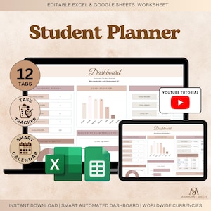 Puede incluir: Un planificador de estudiantes digital que se muestra en una tableta y una computadora portátil. El planificador presenta un panel con detalles académicos, una descripción general de la clase y un rastreador de tareas. La imagen incluye iconos para un calendario inteligente e integración de Excel/Google Sheets.