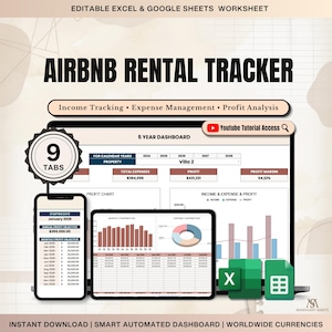 Feuille de calcul Airbnb (Google Sheets et Excel), outil de suivi comptable pour locations de courte durée, pack hôte pour la gestion des revenus et des dépenses de locations de vacances