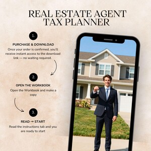 Real estate agent tax planner on phone; suited realtor beside a house with commission tracker and deduction checklist.