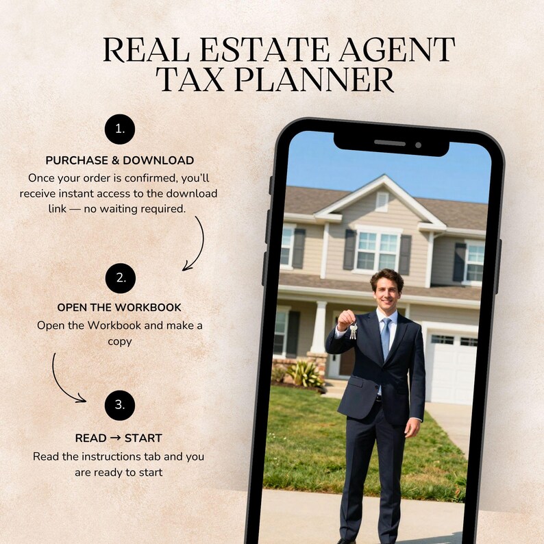 Real estate agent tax planner on phone; suited realtor beside a house with commission tracker and deduction checklist.