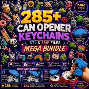 Peut inclure: Une collection numérique de plus de 285 porte-clés ouvre-boîtes avec divers designs 3D comme des animaux, de la nourriture et des manettes de jeu. Le lot inclut des fichiers STL et 3MF pour l'impression 3D, avec des instructions montrant comment l'outil bleu soulève les languettes.