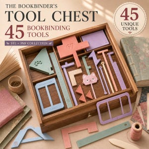 May include: A wooden storage box containing 45 bookbinding tools in various pastel colors, including rulers, squares, and templates. The set features a cat-shaped tool, geometric shapes, and rectangular frames. Text reads THE BOOKBINDER'S TOOL CHEST.