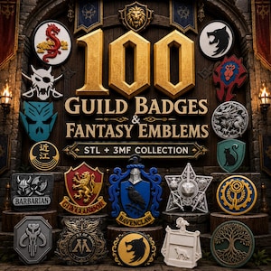 Puede incluir: Una colección digital de 100 insignias de gremio y emblemas de fantasía con varios diseños de escudos, blasones e iconos. El texto central dice 100 GUILD BADGES & FANTASY EMBLEMS STL + 3MF COLLECTION sobre un fondo de madera oscura.