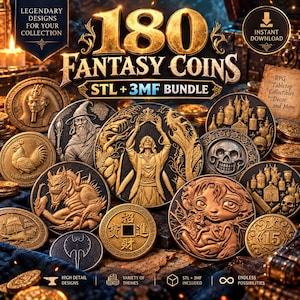 以下が含まれることがあります： STLおよび3MFファイル形式の180種類のファンタジーコインのデジタルコレクション。画像には、魔法使い、ドラゴン、頭蓋骨、妖精、船、斧などの詳細なレリーフデザインが施されたさまざまな円形のコインが表示されており、ゴールドとブロンズの色調で表現されています。