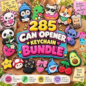 May include: A digital collection of 285 can opener keychain designs featuring colorful cartoon characters including an axolotl, penguin, dinosaur, cat, corgi, panda, strawberry, star, mushroom, black cat, heart, shark, cherries, avocado, and bubble tea.