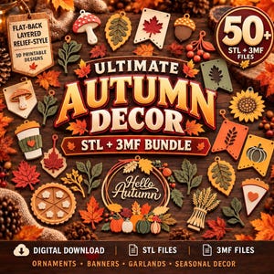 May include: A digital collection of 50+ STL and 3MF files for 3D printable autumn-themed ornaments, banners, and garlands. The set includes layered relief-style designs featuring mushrooms, leaves, pumpkins, sunflowers, and text.