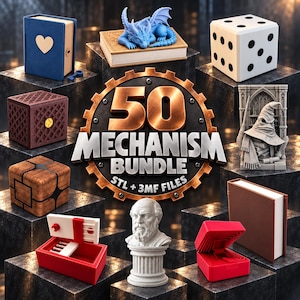 Könnte beinhalten: Ein 50 Mechanism Bundle Set mit digitalen 3D-druckbaren Objekten, darunter ein blaues Herz-Buch, ein Drache auf einem Buch, ein weißer Würfel, eine braune Gitterbox, ein Zaubererhut, ein Holzwürfel, eine rote Box, eine Büste und ein braunes Buch.