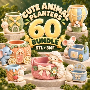 May include: A collection of 60 digital 3D animal planters featuring various designs including a snail, hot air balloon, pumpkin carriage, mouse mailbox, sheep basket, ice cream cone bunny, and swan, with text reading CUTE ANIMAL PLANTERS 60 BUNDLE STL + 3MF.