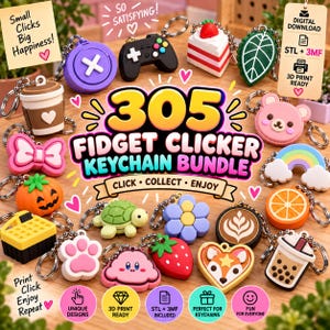 Może przedstawiać: Kolekcja 305 breloków typu fidget clicker o różnych kształtach, w tym kontroler do gier, kubek kawy, ciasto truskawkowe, żółw, dynia, tęcza, odcisk łapy i herbata boba. Obraz zawiera tekst, taki jak 305 FIDGET CLICKER KEYCHAIN BUNDLE.