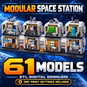 Könnte beinhalten: Ein modulares Raumstations-Set mit 61 Modellen als digitaler Download. Die Struktur umfasst acht verschiedene Räume mit den Bezeichnungen Med Bay, Gym & Recreation, Hydroponics, Power Room, Command Bridge, Galley, Crew Quarters und Science Lab.