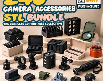 Puede incluir: Una colección de 240 accesorios para cámara imprimibles en 3D, incluyendo estuches, soportes y bases en negro, beige y verde oliva. El texto dice 240 CAMERA ACCESSORIES STL BUNDLE THE COMPLETE 3D PRINTABLE COLLECTION y 3MF FILES INCLUDED.