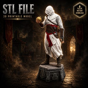 May include: A 3D printable STL file model of a hooded figure in a white robe with a red sash, holding a golden sphere. The figure stands on a stone pedestal. Text reads: STL FILE 3D PRINTABLE MODEL and INSTANT DOWNLOAD with a download icon.