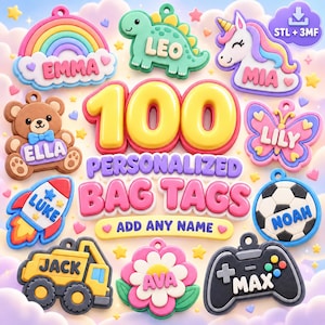 Puede incluir: Una colección de 100 etiquetas personalizadas para bolsos con diversas formas que incluyen arcoíris, dinosaurio, unicornio, oso, mariposa, cohete, balón de fútbol, camión, flor y mando de juego, cada una con un nombre único en letras 3D.