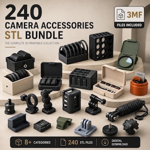 Könnte beinhalten: Eine Sammlung von 240 3D-druckbaren Kamerazubehörteilen, darunter Aufbewahrungsboxen für Speicherkarten, Filterhalter, Montagehalterungen und Kameragriffe. Das Set besteht aus verschiedenen schwarzen, olivgrünen und beigen Kunststoffteilen.