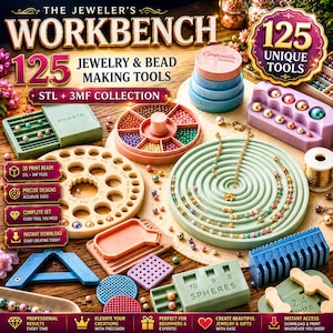 以下が含まれることがあります： 「The Jeweler's Workbench」と題された125種類のジュエリーおよびビーズ製作ツールのデジタルコレクション。パステルカラーのプラスチック製トレイ、円形のサイズ測定ボード、オーガナイザーが含まれており、3Dプリント用のSTLおよび3MFファイルが付属しています。