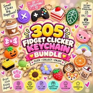 May include: A digital collection of 305 fidget clicker keychain designs featuring various shapes like a game controller, strawberry cake, leaf, coffee cup, bow, pumpkin, turtle, paw, flower, sunflower, rainbow, orange slice, and boba tea.