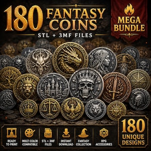Pode incluir: Uma coleção de 180 moedas de fantasia com vários designs em relevo, incluindo dragões, crânios, castelos e figuras míticas em tons de ouro e prata. O texto diz 180 FANTASY COINS MEGA BUNDLE STL + 3MF FILES e 180 UNIQUE DESIGNS.