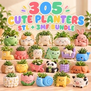Pode incluir: Uma coleção de 305 vasos fofos em formatos de arquivo STL e 3MF, apresentando vários designs coloridos de animais e personagens como sapo, gato, panda, caracol e vaca, cada um contendo uma pequena planta verde em uma superfície escalonada.