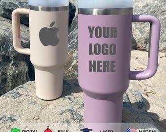 Custom 40 oz Logo Tumbler, Personalized Text Image Cup with Handle & Straw, Stainless Steel Laser Engraved Water Bottle, Business Logo Gifts