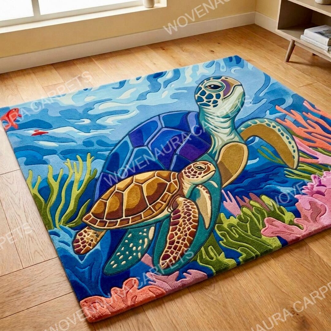 Hand Tufted Sea Turtle Area Rug | Coastal Underwater Serenity ...