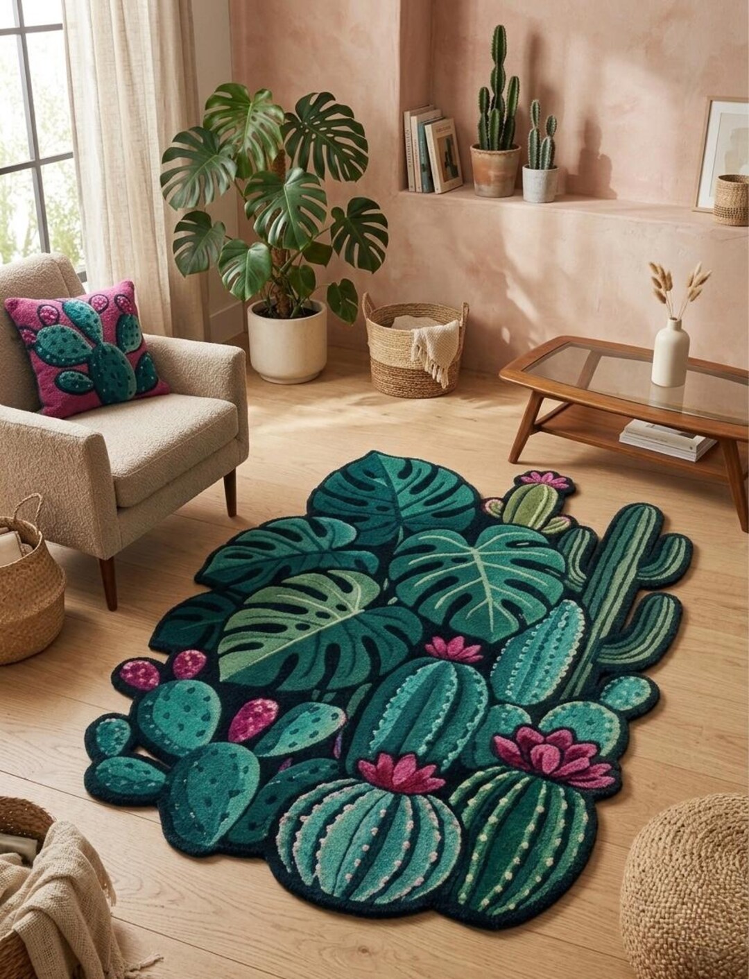 Modern Tropical Cactus Rug, Monstera Leaf Tufted Wool Rug, Handmade ...