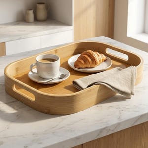 May include: A light brown bamboo serving tray with rounded edges, holding a white teacup and saucer with coffee, a croissant on a white plate, and a folded beige napkin. The tray has cut-out handles.