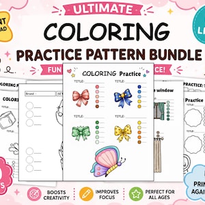 May include: A digital coloring practice pattern bundle featuring 80 sheets. The pages include line art of bows, a butterfly, and curtains with color swatch circles for testing. Text includes Ultimate Coloring Practice Pattern Bundle and US Letter.