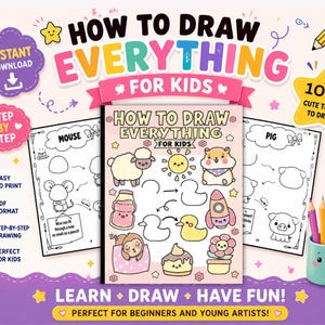 Op de afbeelding: Een digitale tekengids getiteld How to Draw Everything for Kids met kleurrijke illustraties van een schaap, zon, hamster, eend, raket en bloem. De gids bevat stapsgewijze instructies voor het tekenen van een muis en een varken.
