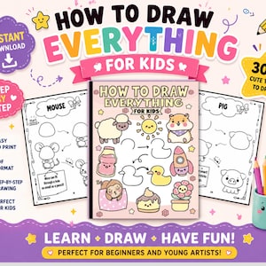 Può includere: Un libro di disegno per bambini intitolato "How to Draw Everything for Kids" con istruzioni passo passo. La copertina presenta illustrazioni di animali e oggetti. Include un portapenne con matite colorate e il testo "300+ Cute Things to Draw!"