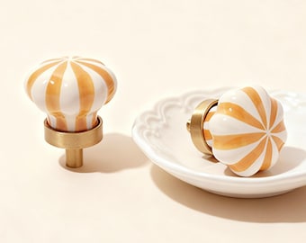 Striped Ceramic Drawer Knob, Brass Pumpkin Cabinet Handle, Unique Closet Knobs