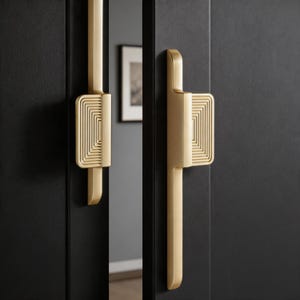 May include: Close-up of two gold-colored cabinet handles with a rectangular, grooved design. The handles are mounted on a black cabinet door. The design is modern and minimalist, suitable for home decor.