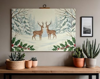 Winter Deer Print, Snowy Forest, Scandinavian Christmas (Digital Download)