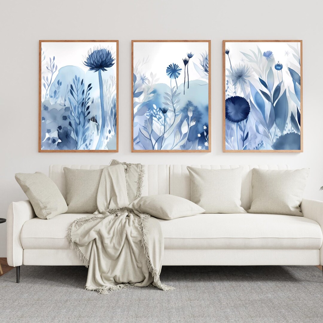 Blue Botanical Wall Art Set | Watercolor Floral Prints | Minimalist ...