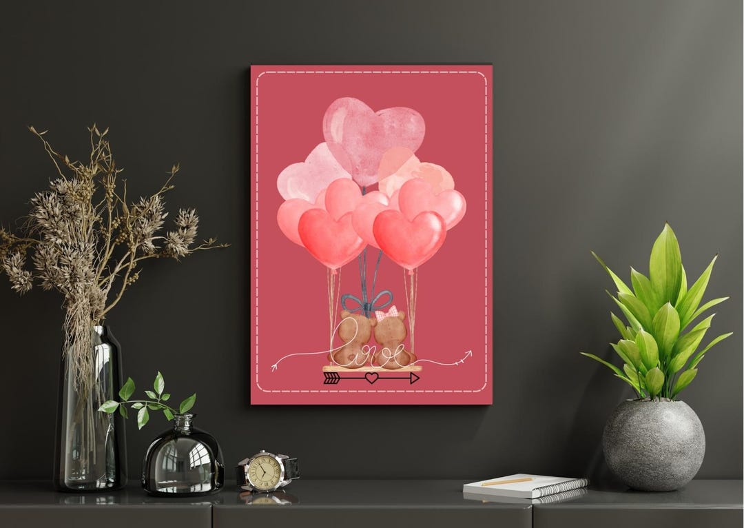 Teddy Bear Heart Balloon Print, Valentine's Day Couple Art (digital ...