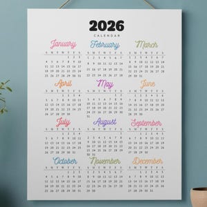 2026 Yearly Calendar Printable | 2026 Wall Calendar Portrait A3 A4 US Letter Color | Minimalist Colorful unique Wall Calendar 2026 digital